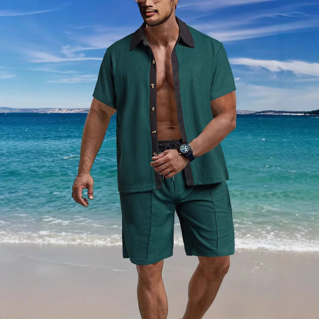2025 summer men's beach light casual fashion city everything lapel button color shirt short-sleeved shorts set 6
