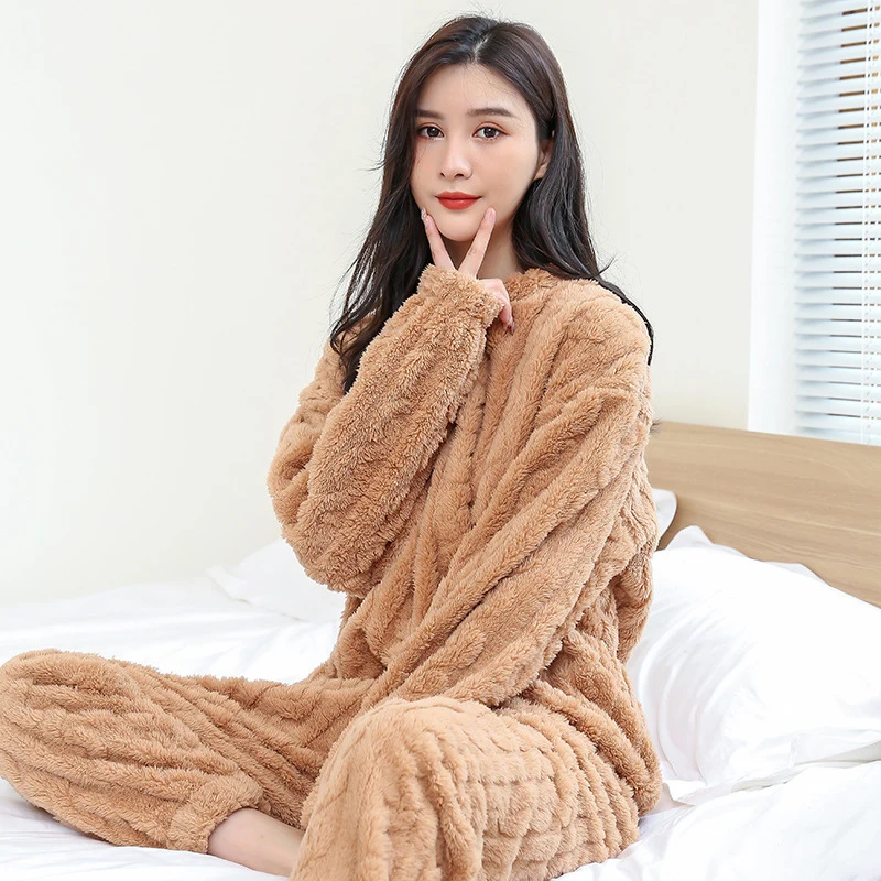 

Women Home Wear Coral Fleece Pajama Set Winter Soft Pullover And Pants Sleepwear Casual Solid Warm 2 Piece Sets Plush Nightwear