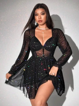 Large size women's V-neck long sleeved tight mini party dress, sequined sexy women's dress, fashionable party dress sequined