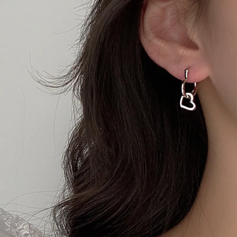 Silver Color Double Heart Hoop Earrings for Women Korean Y2K Style Simple Ear Bukle Jewelrys Accessory Gifts