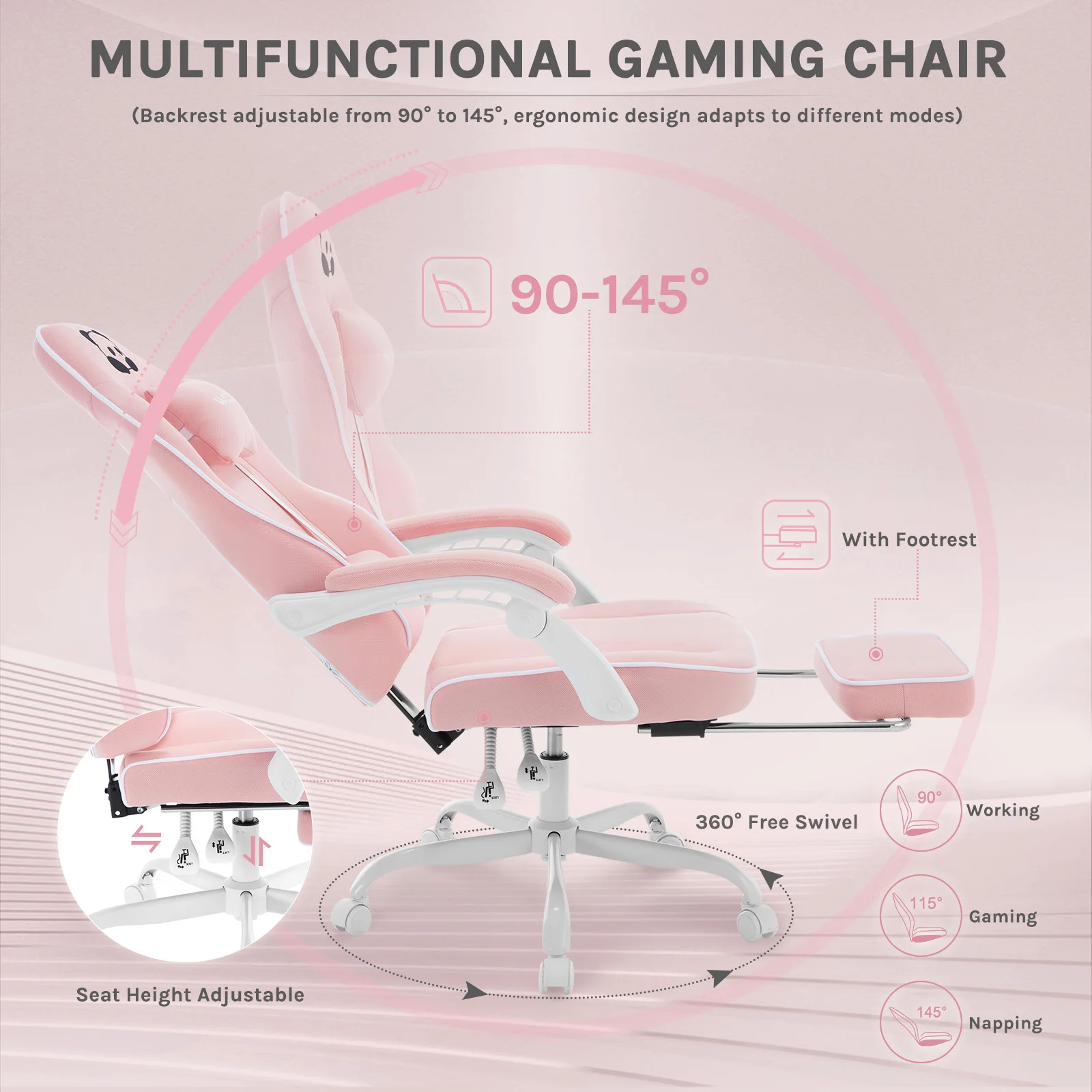 WOLTU Ergonomischer Gaming-Stuhl, Bürostuhl mit hoher Rückenlehne, drehbarer Sessel mit Fußstütze, höhenverstellbarer Computerstuhl mit Lendenwirbelstütze – Detail 16