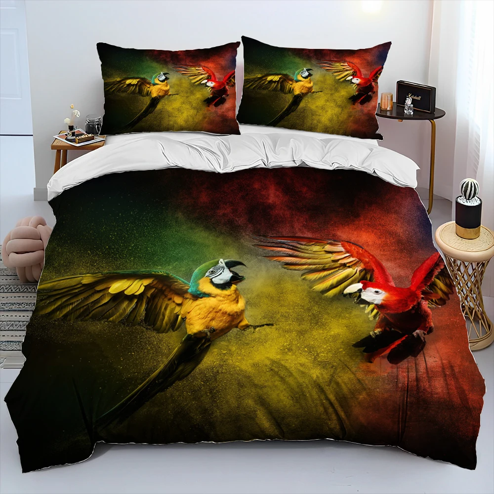 Colorful Parrot Macaws Birds Comforter Bedding Set,Duvet Cover Bed Set Quilt Cover Pillowcase,King Queen Size Bedding Set Adult 2