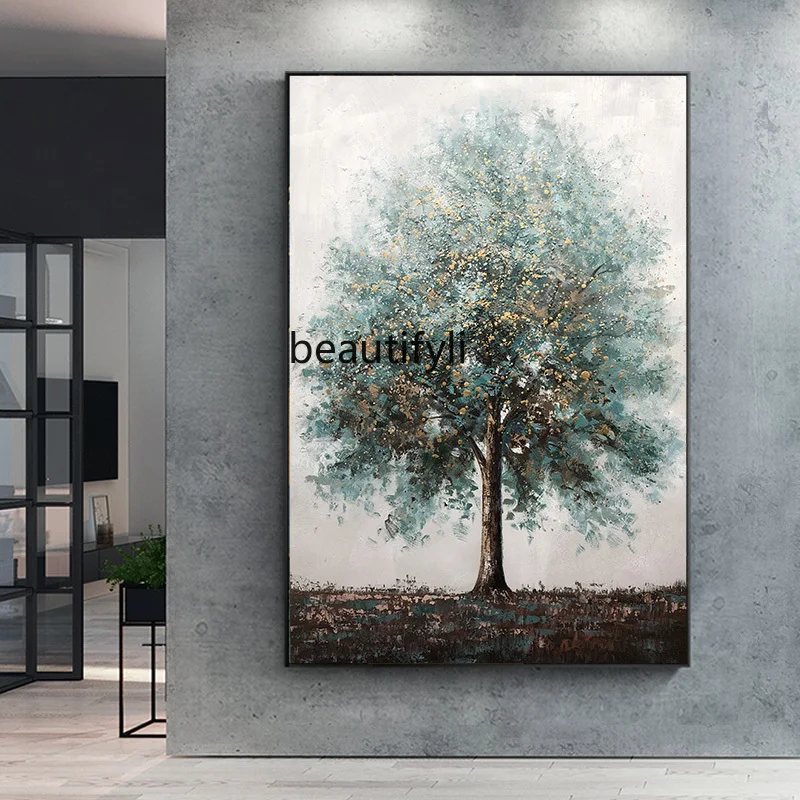 

HJ Pure Hand Drawing Oil Painting and Mural Decorative Painting Light Luxury Money Tree Hanging Painting Vertical Version