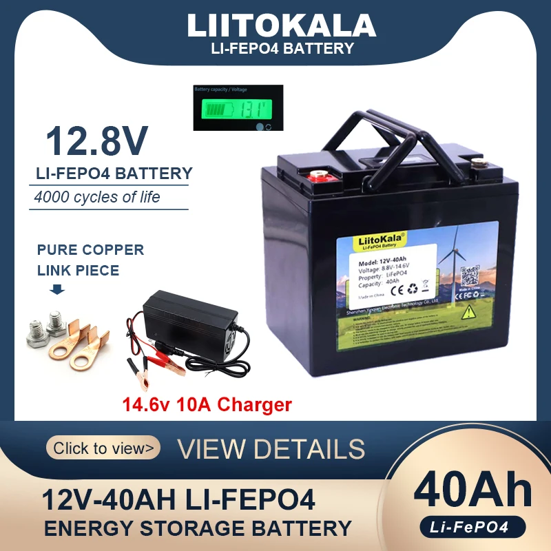 

LiitoKala 12v 12.8V 40AH LiFePO4 Battery with BMS Lithium Iron Phosphate Batteries 4000 Cycles inverter Solar 14.6v 10A Charger