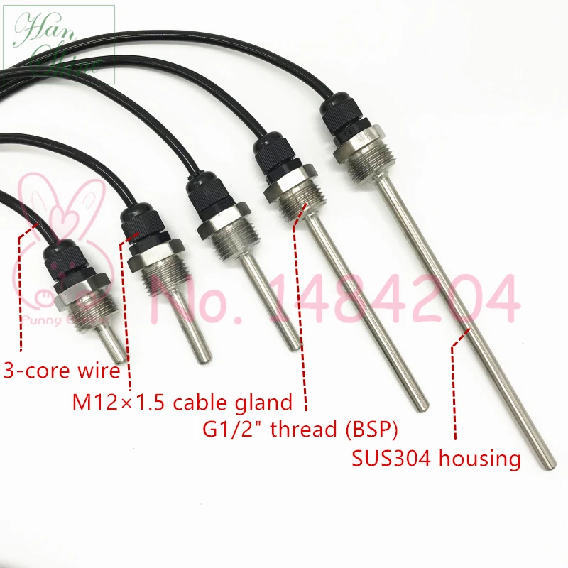 temperature sensor PT1000 Pt100 SUS304 Housing Platinum Resistance BSP G1/2" Thread Probe DIA = 7mm L = 20 50 100 150mm 1.5m Cable,temperature sensor