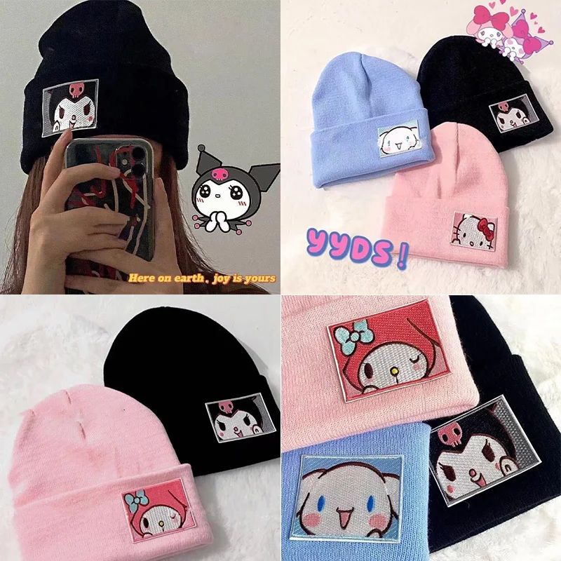 

Kawaii Hellokitty, мультяшная вязаная шапка Sanrios, милая шерстяная шапка Cinnamoroll, теплая шапка унисекс в стиле аниме, студенческий Зимний Теплый головной убор