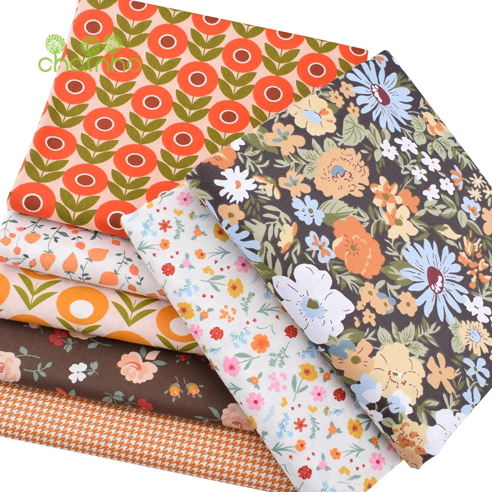 Chainho,Orange Floral Printed Twill Cotton Fabric,Patchwork Clothes,DIY Sewing Quilting Home Textiles Material For Baby&Children