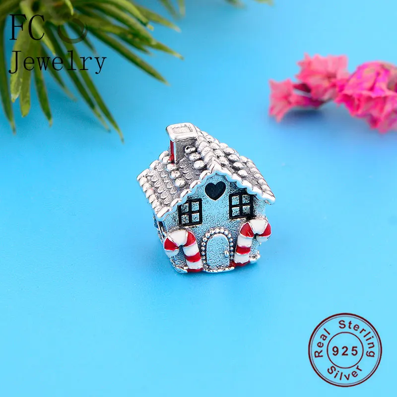 

FC Jewelry Fit Original Pan Charms Bracelet 925 Silver Gingerbread House Enamel Food Tree Cane Making Christmas Berloque 2019