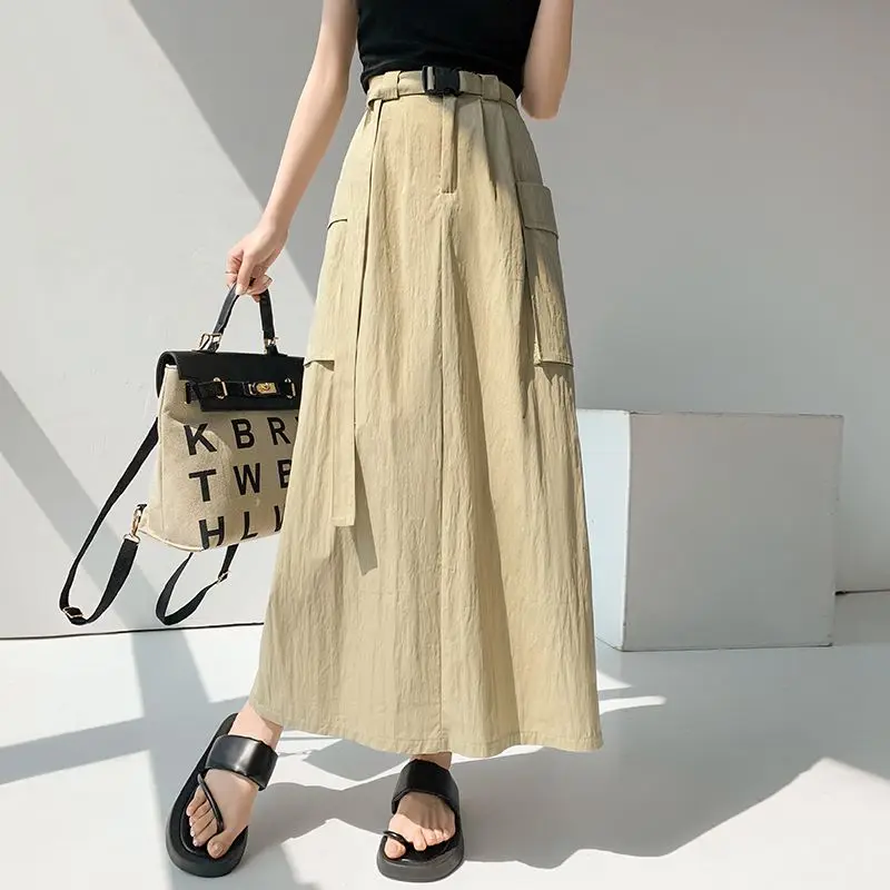 

2023 Summer Cargo Straight Skirt High Waist Belted Split Skirts For Women Pockets A-line Mid-long Skirt Female Jupe 886
