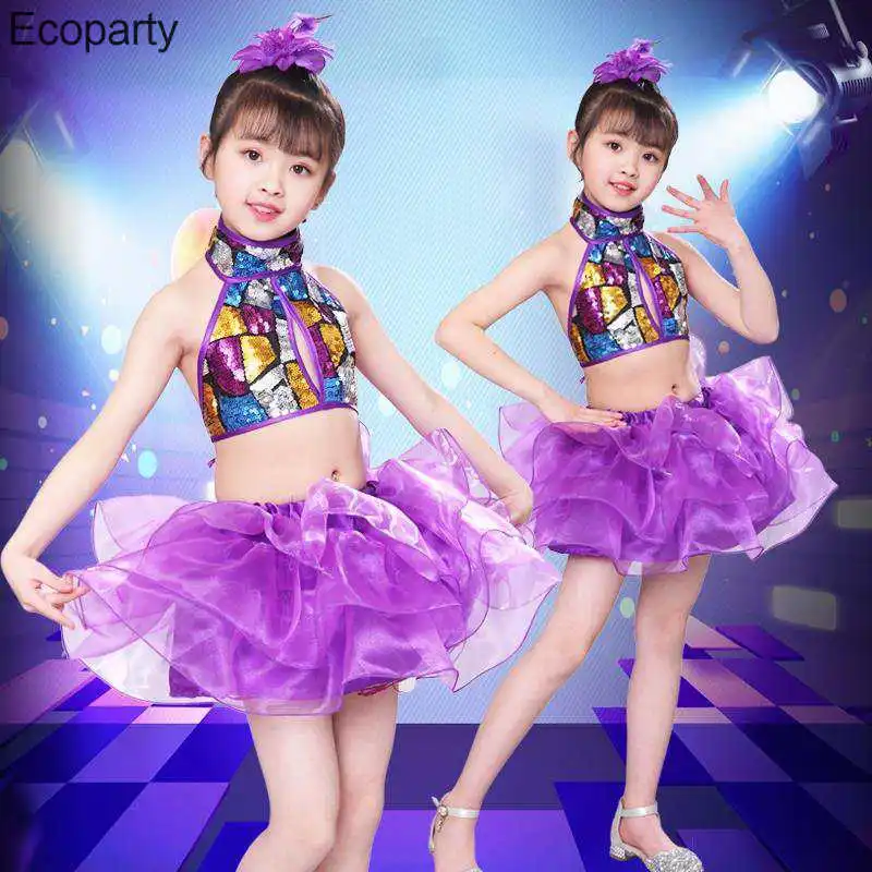 

Kids Two Piece Set Sequins Stage Performance Costume Purple Cropped Crop Top Ballet Tutu Skirt Set Girls Jazz Dance Outfuts