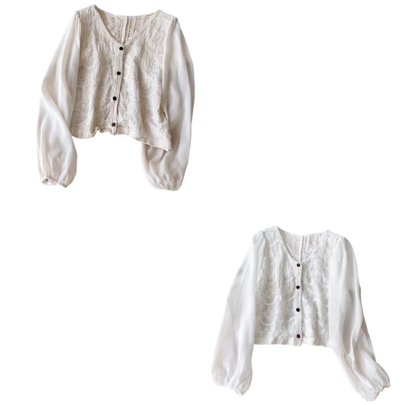 

Crochet Floral Single Breasted Cardigan Women Puff Long Sleeve Blouses