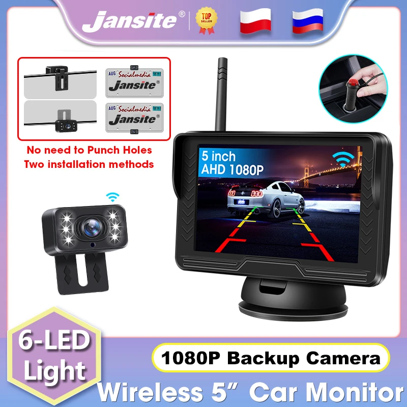 

Jansite Wireless 5" HD Car Rear Camera Monitor 1080P 6-LED Light Backup Cam With Bracket Vehicle Reverse Image Rear View Parking