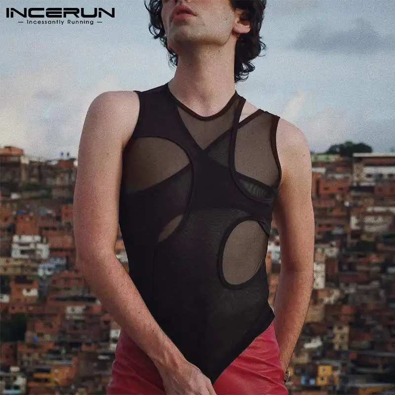 INCERUN 2022 Comfortable Homewear Men's Jumpsuit See-through Mesh Solid Color Male Irregular Sleeveless Triangle Bodysuits S-5XL mens pajama bottoms