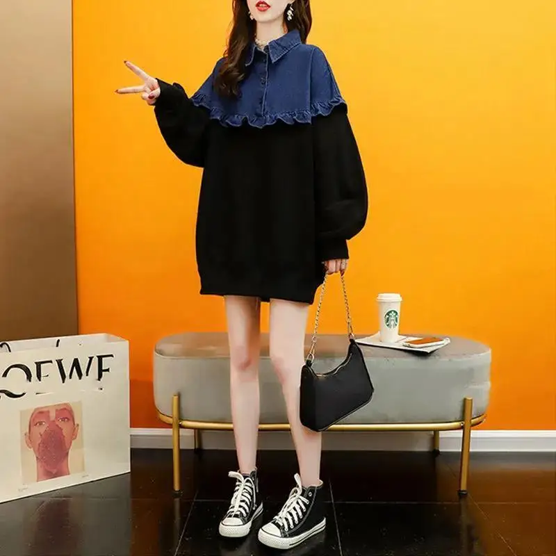 2023 New Spring and Autumn Thin Korean Version Loose Fitting Long Sleeved Design, Niche Denim Patchwork Polo Neck Sweater women s new summer korean version solid color off shoulder cake layer neck hanging fashion loose thin style sling chiffon tops