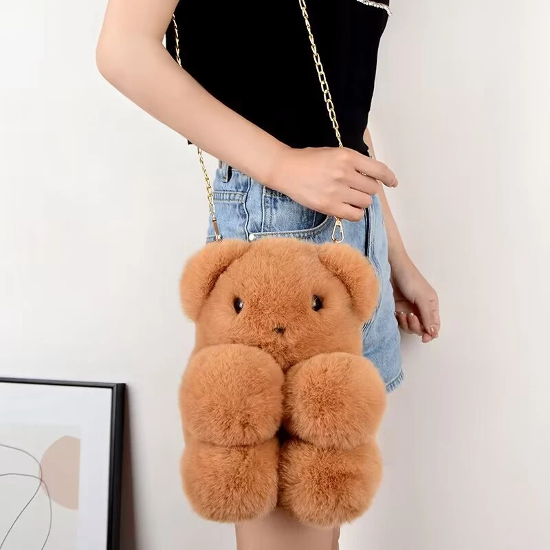 Bear Plush Crossbody Backpack Girl Messenger Bag Creative Cute Chain Bag Lovely Fluffy Girl's Cartoon