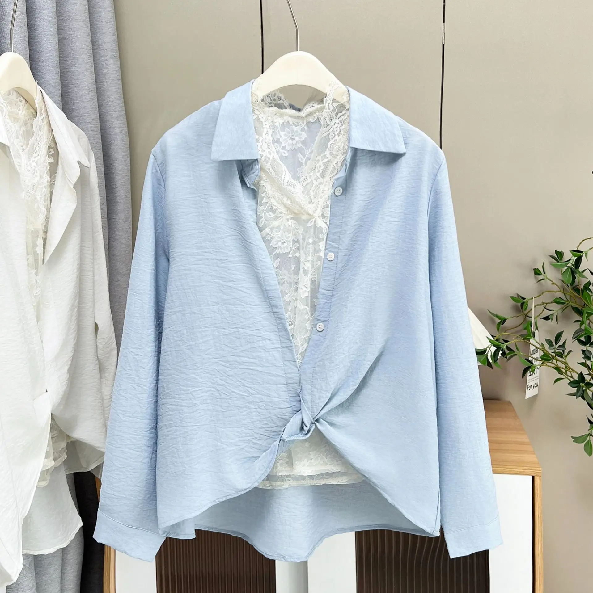 XXXXL Fashion Plus Size Women's Blouses New Autumn Korean Style Lace Inside With Long Sleeved Shirt