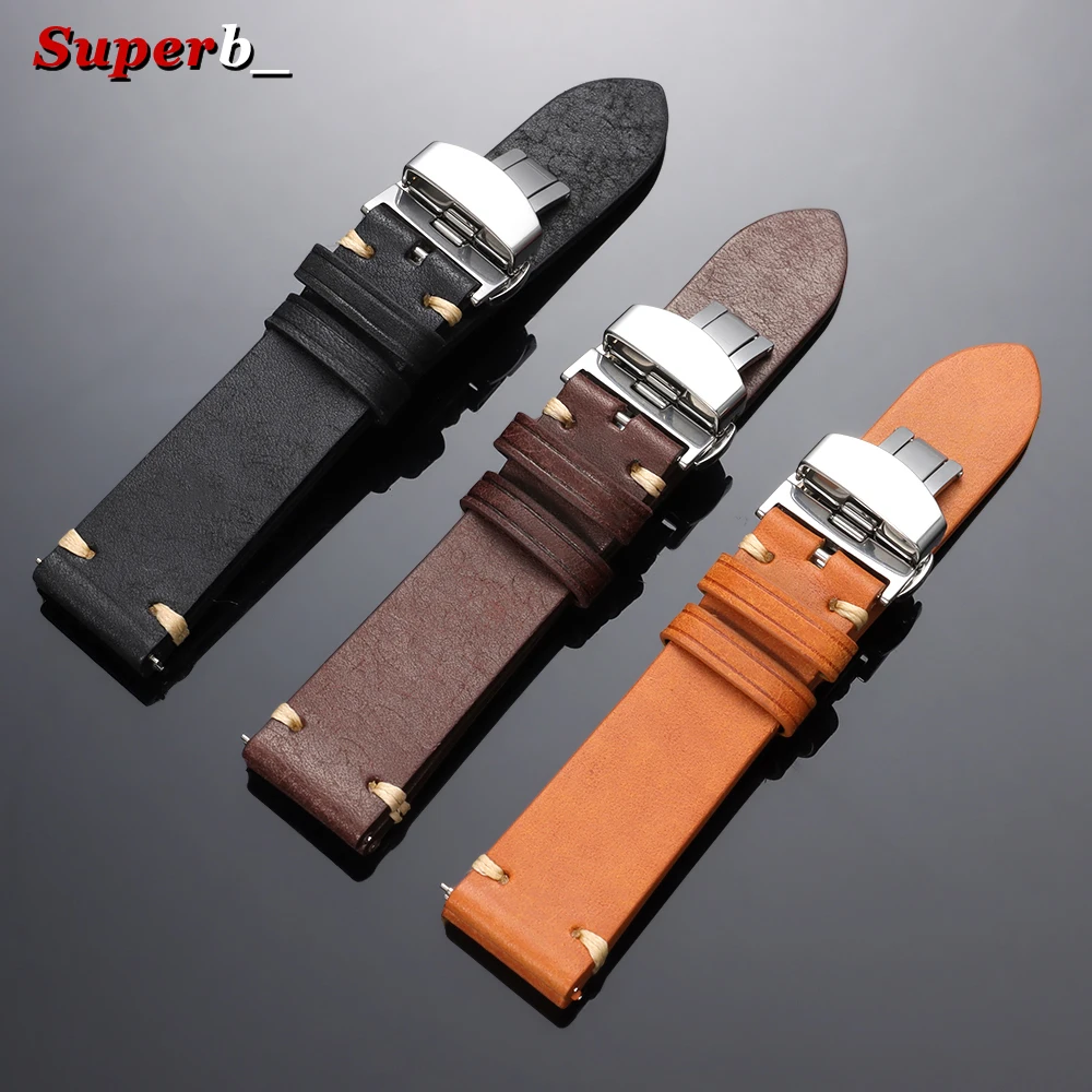 Elegant Top-Grain Leather Watch Band with Butterfly Buckle and Gift Box