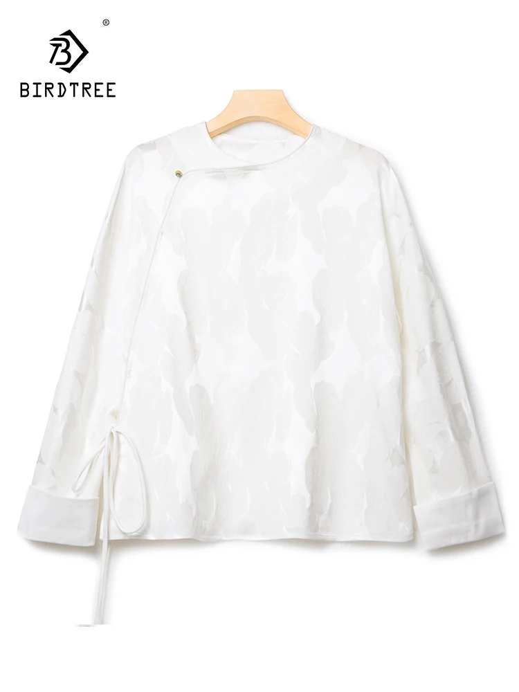 

Birdtree 100%Mulberry Silk Autumn New Crown Le Crepe Shirt Embossed Jacquard Chinese Style Oblique Lap Strap Blouses T39942QC