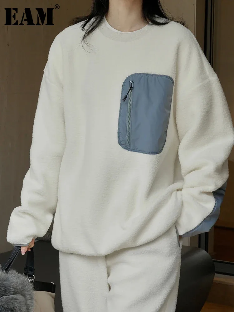 

[EAM] Loose Fit Pocket Color-block Thick Sweatshirt New Round Neck Long Sleeve Women Big Size Fashion Spring Autumn 2024 1DH1189