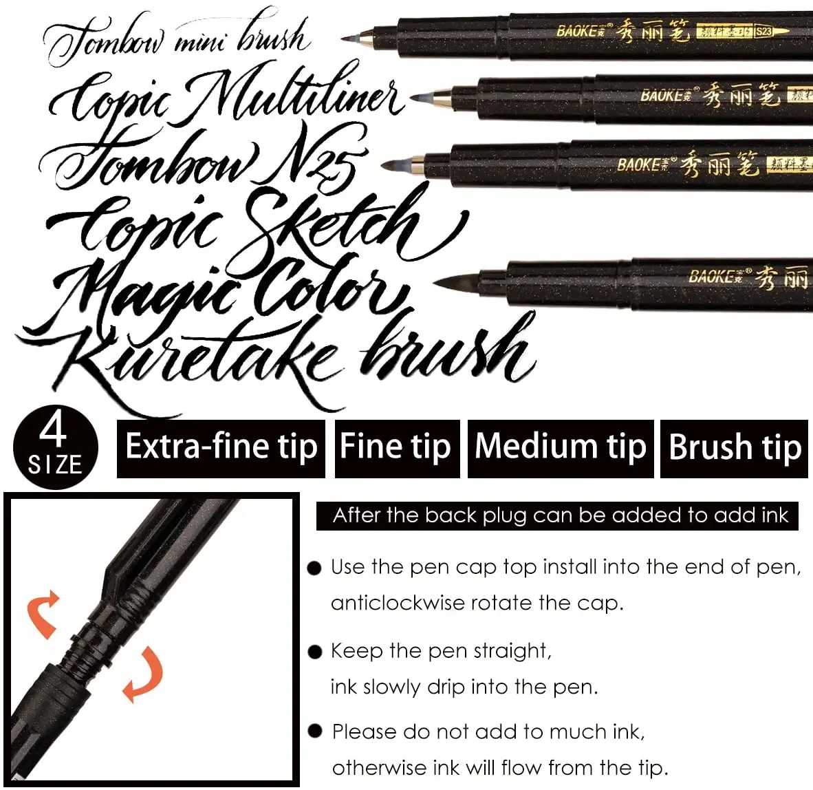 4 Sizes Black Calligraphy Pens Hand Lettering Pen Brush Markers Set for  Beginners Signature Writing Art Drawing Illustration Sketching