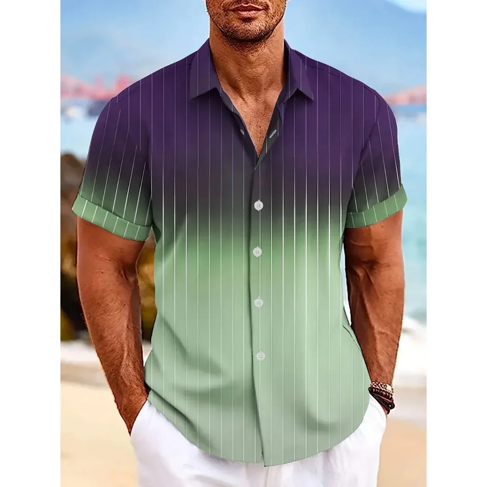 Fashion Trend Gradient Harajuku Men's Shirt Summer Casual Lapel Short Sleeve Blouse Street Hip Hop Clothing Loose Cardigan Tops