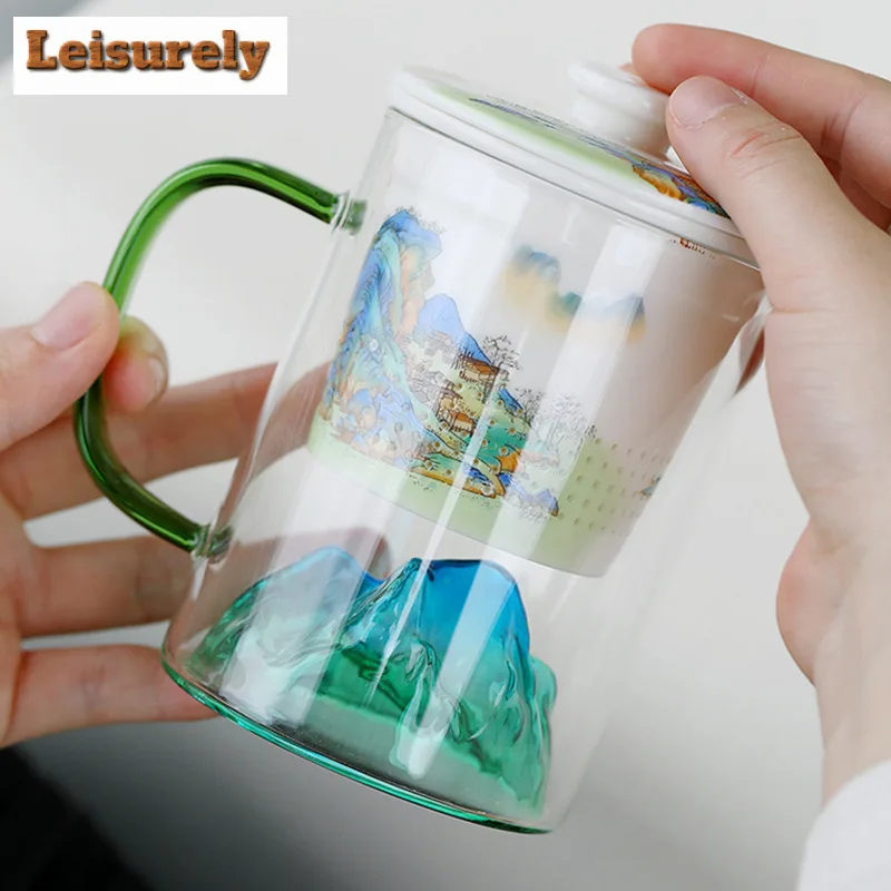400ML Landscape Glass Office Work Cup Personal Tea Water Separation Mug Large Capacity White Porcelain Filtration Mug Gift Box