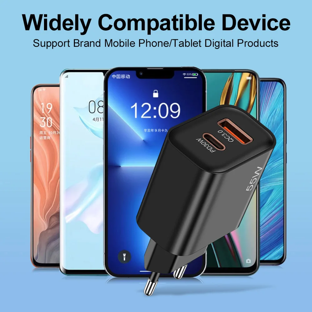 55W USB PD Charger Fast Charge Type C Wall Charger Quick Charge 3.0 Phone Adapter For iPhone 15 14 13 Pro Xiaomi Samsung