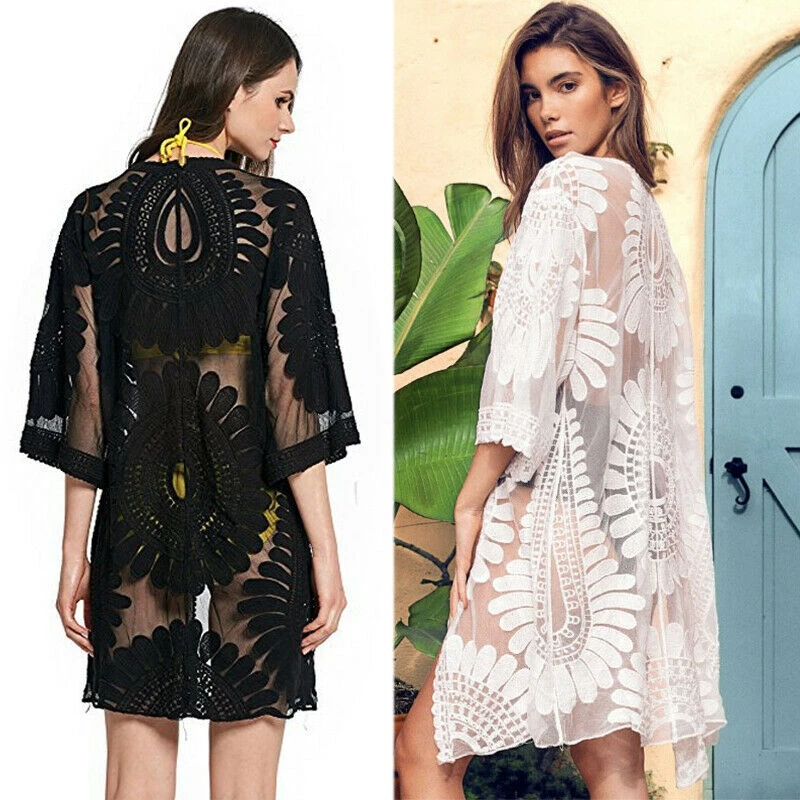 

Black White Beach Long Dress Women Bikini Cover-Ups Lace Crochet Swimsuit Chiffon Beachwear Bathing Suit Sarong Cover Up