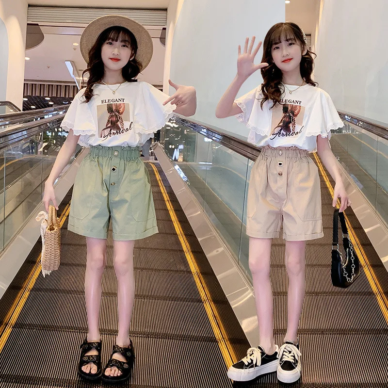 

Summer Clothes for Girls Lace Short Sleeve T Shirt + Shorts 2 PCS Sets Teen Girls Clothing Outfits Cartoon Children Tracksuit