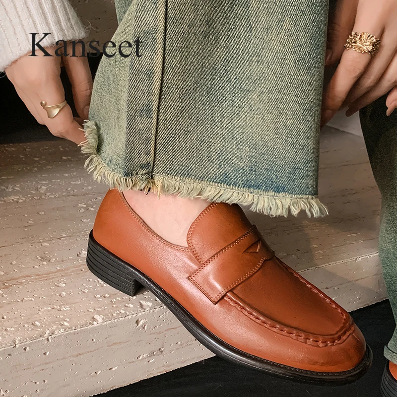 

Kanseet High Quality Real Leather Pumps For Women 2024 Spring Loafers Round Toe Handmade Lady Comfortable Mid Heels Shoes Brown