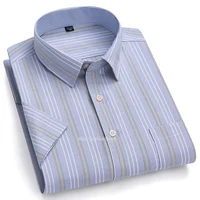 Men's Summer Short Sleeved Shirt Oxford Cotton Plaid Stripe Solid Color Comfortable Breathable Business Leisure Men Clothes 1