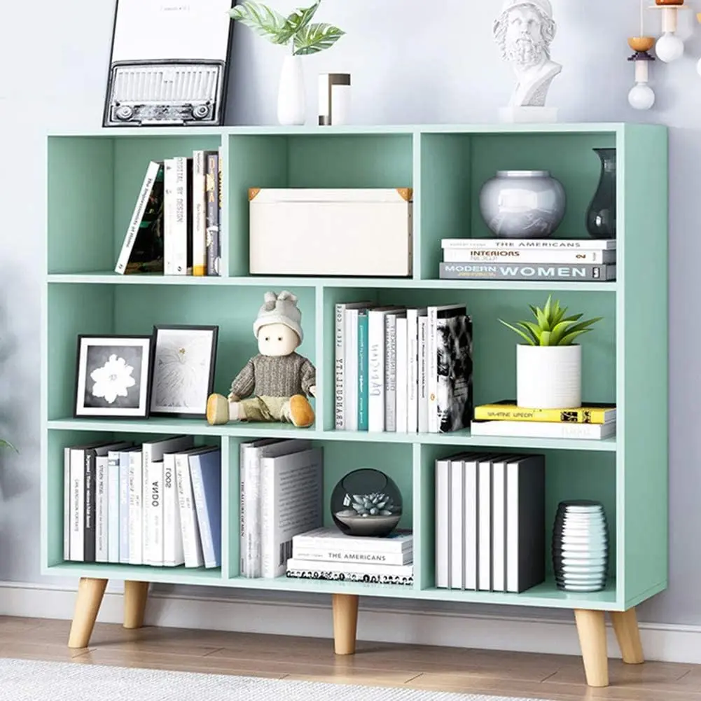 Wooden Open Shelf Bookcase - 3-Tier Floor Standing Display Cabinet Rack with Legs, 8 Cubes Bookshelf, Tiffany-Green 2