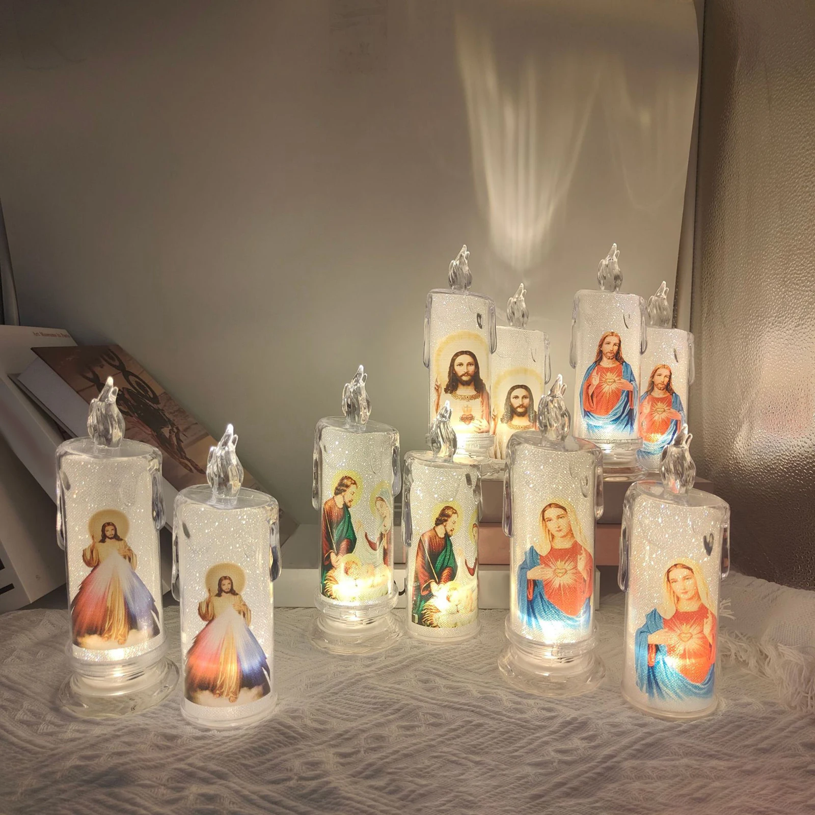 

Electric LED Lamp Flameless Religious Pillar Candles Light Ornament for Desktop Art Decor Church Festival Holiday