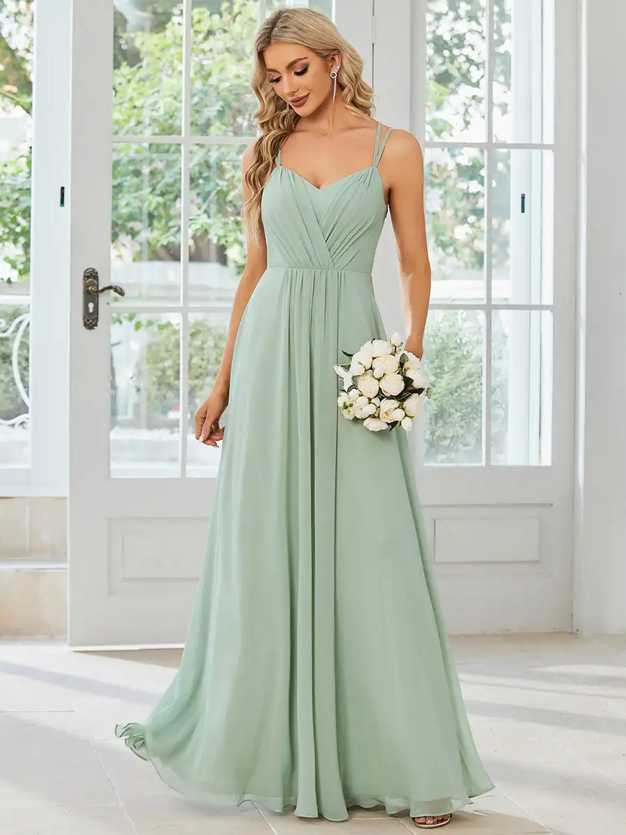 Elegant Evening Dress V Back Backless Floor-Length Ever Pretty 2024 of Chiffon Wrinkle Mint Green Bridesmaid Dress