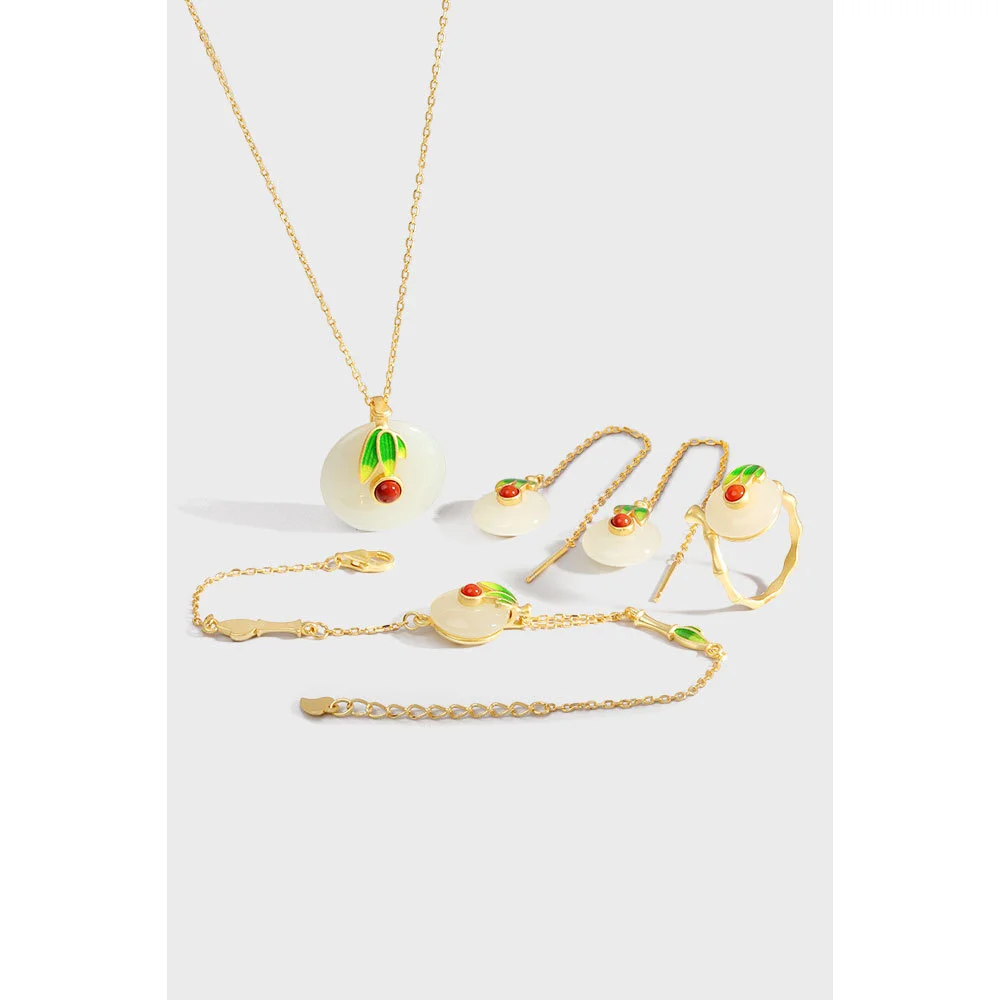 

Guochao palace bamboo leaf enamel color safety buckle Pendant Necklace net red live jade jewelry set