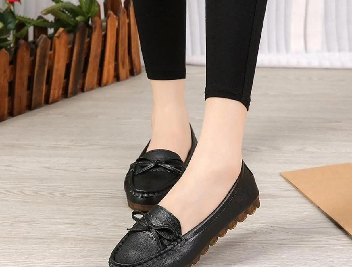New Fashion Women Flats Shoes Pink Black Pure Color Plus Small soft-soled PU LeatherRound toe leather shoes Office Lady Shoes