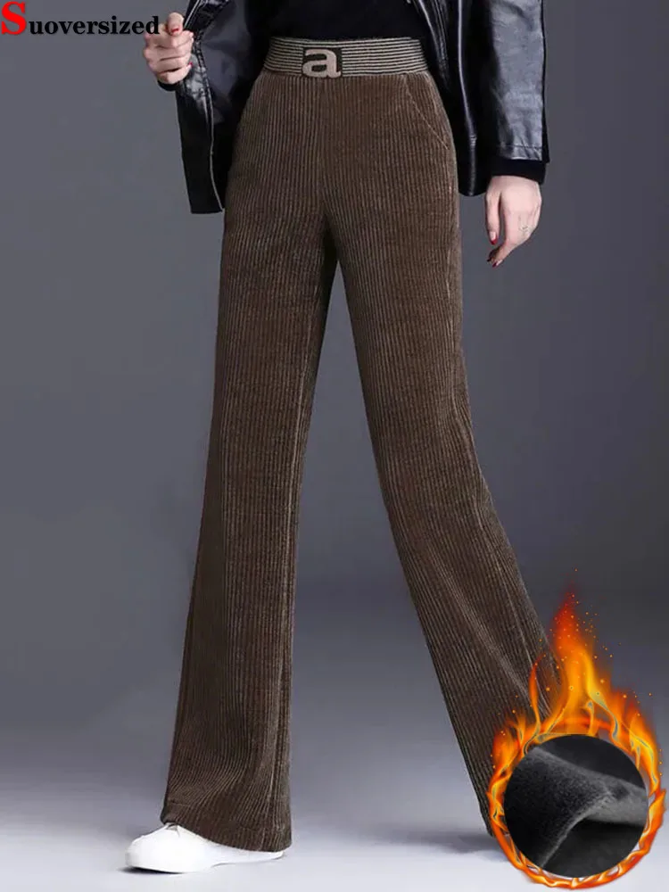 

New Women Winter Elastic High Waist Flare Pantalones Mom Plush Thick Casual Trousers Baggy Velvet Velveteen Lined Wide Leg Pants