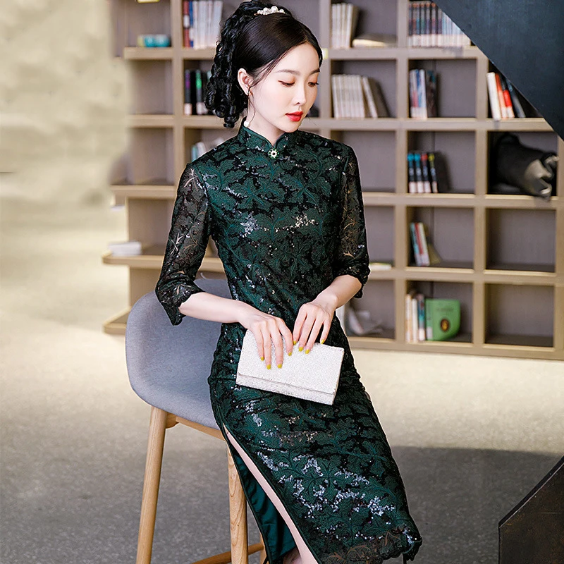 

Autumn Sequined Lace Sleeves Stand Collar Green Cheongsam Banquet Chinese Traditional Wedding Evening Dress Qipao for Women