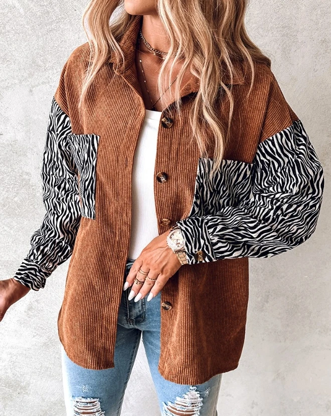 Women's New 2023 Hot Sale Casual Fashion Color Block Zebra Stripe Printed Corduroy Jacket In Stock цена и фото