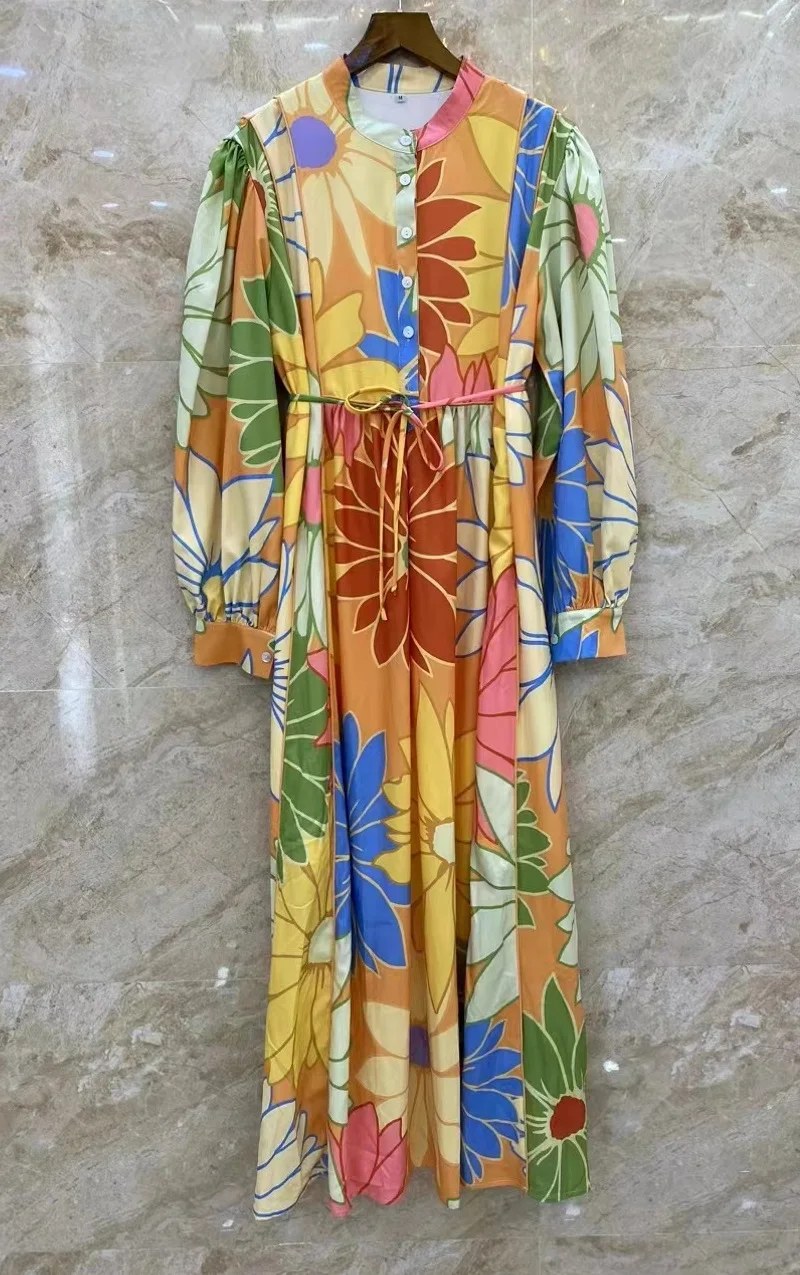 

New 2023 Spring Long Dress High Quality Ladies Big Yellow Floral Prints Tunic Button Front Long Sleeve Casual Beach Maxi Dress