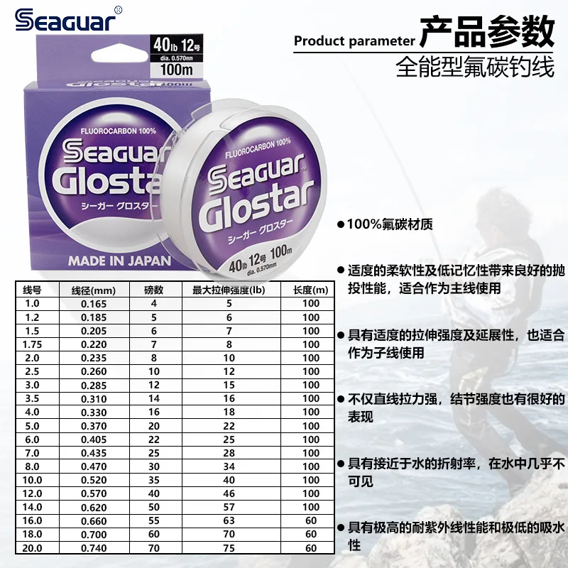 Original Seaguar GLOSTAR 100% FLUOROCARBON Fishing Line 50th Anniversary Commemorative Leading sub Lure Fishing LINE 100M/60M 2