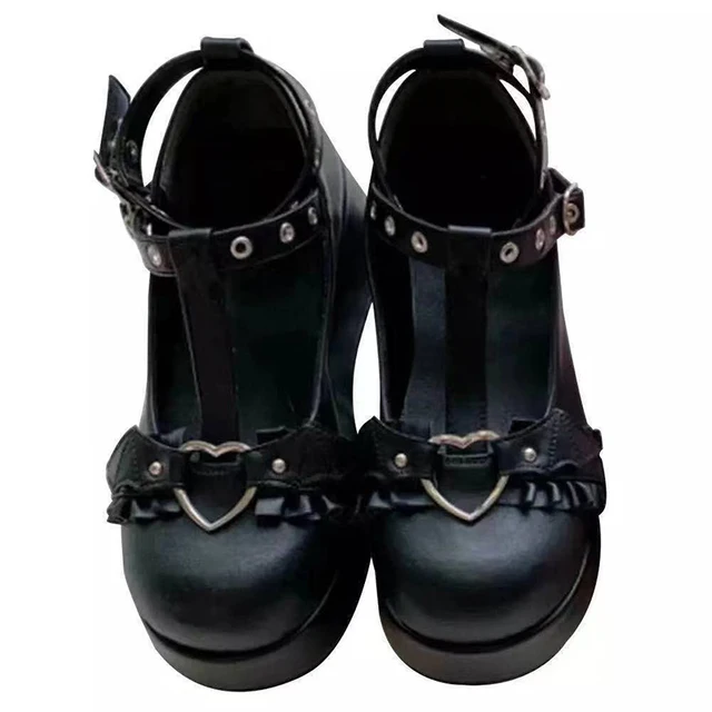 new Sweet Heart Buckle Wedges Mary Janes Women Pink T-Strap Chunky Platform Lolita Shoes Woman Punk Gothic Cosplay Shoes 43 BLACK