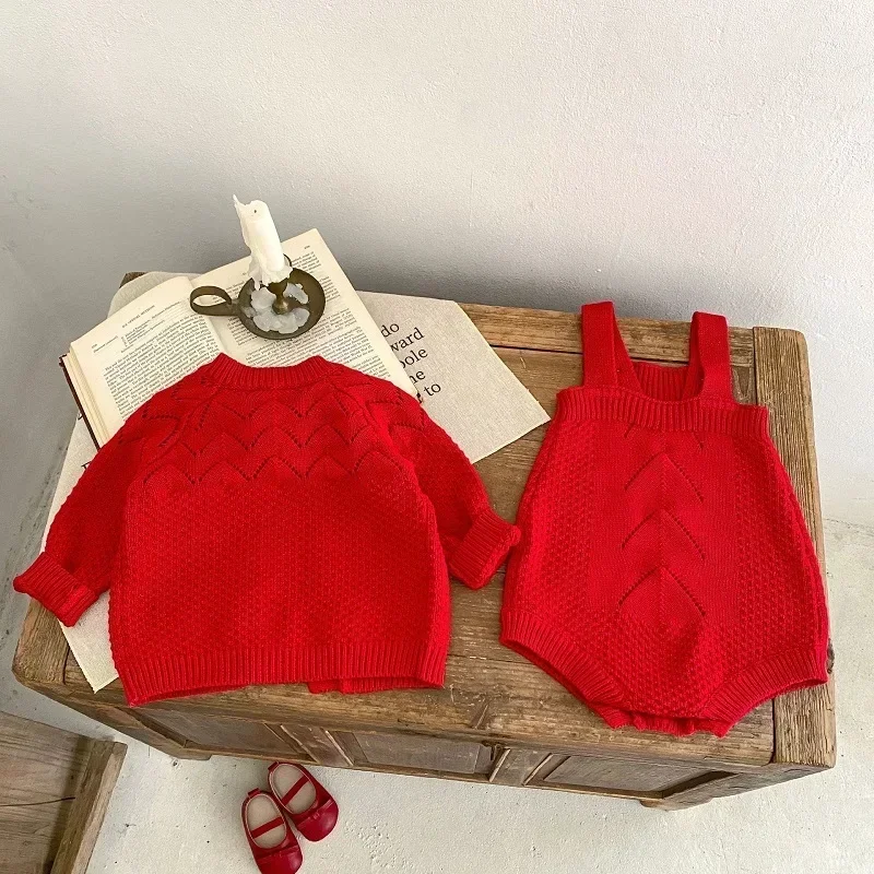 

INS Autumn Baby Girl Knitwear Clothes For 0-3Years Newborn Kids Solid Color Long Sleeve Sweater Knitted Cardigan Romper Outfits