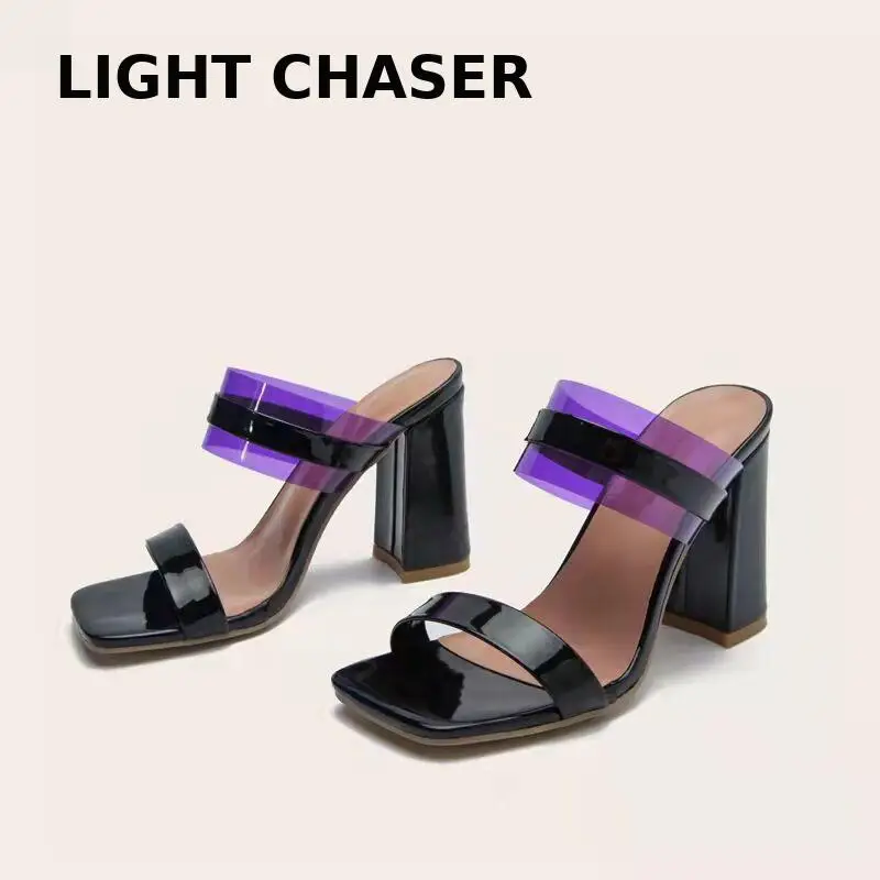 Women's Summer Sexy Large Size High-heeled Sandals And Slippers Solid Color One-line Comfortable Square Head Stiletto Sandals