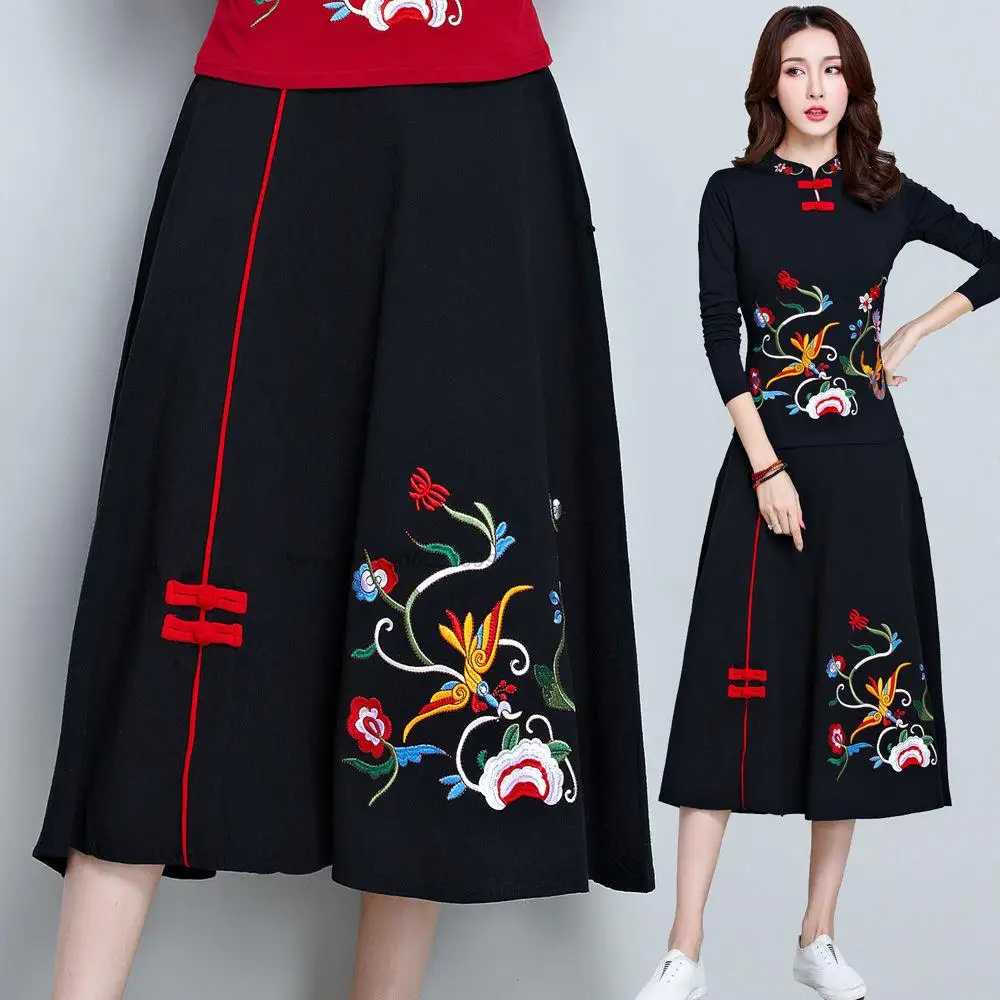 

2023 chinese vintage skirt harajuku women national flower embroidery skirt vintage cotton linen elastic waist chinese skirt