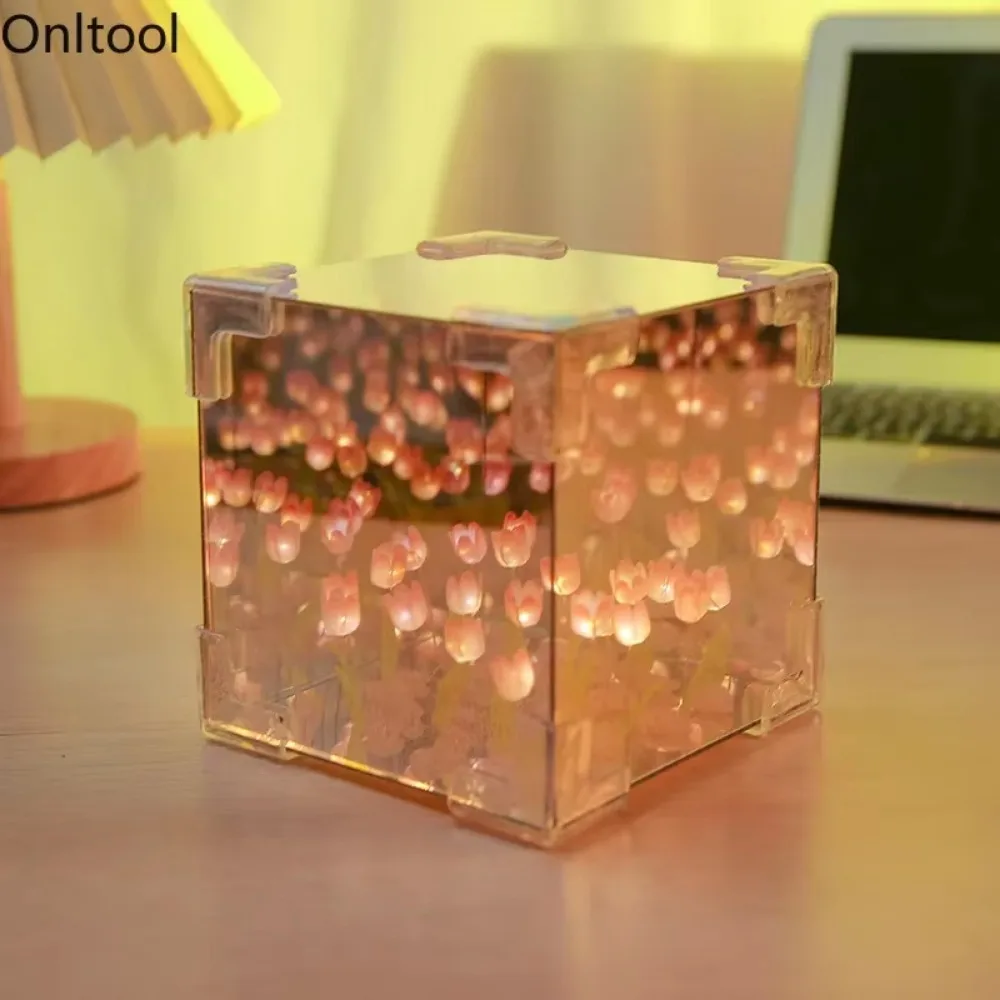 LED Night Light DIY 3D Cloud Tulip Flower Sea Mirror Table Lamps Bedroom Ornaments