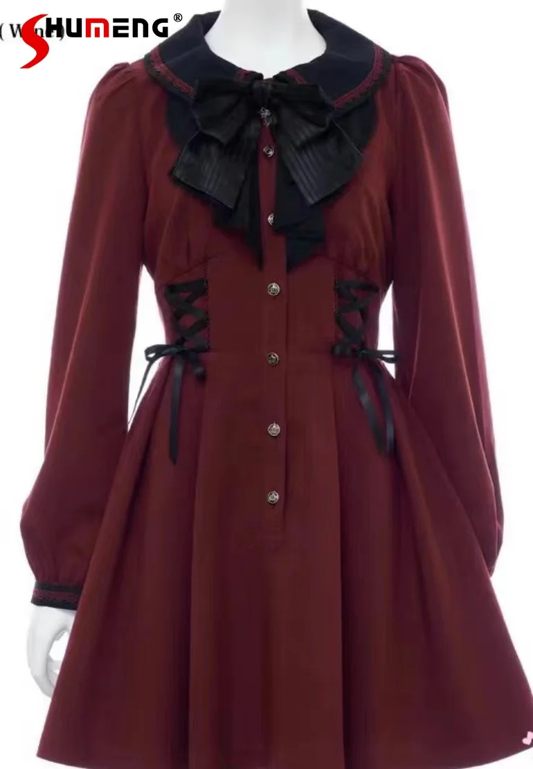 

Japan Style Rojita Waist-Tight Ribbon Bow Tie Mid-length Dresses for Women Color Matching Striped Collar Long Sleeve Dress Lady