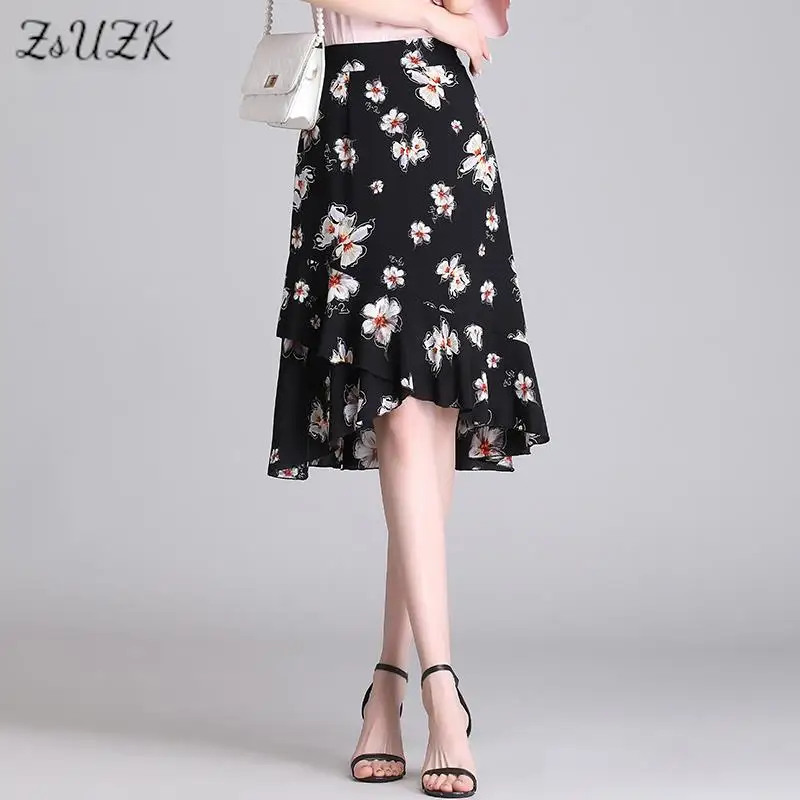 

ZUZK Women High Quality Retro Printed Chiffon Skirt 2022 Summer New High Elastic Wasit Simple Elegant A-Line Skirt Jupe