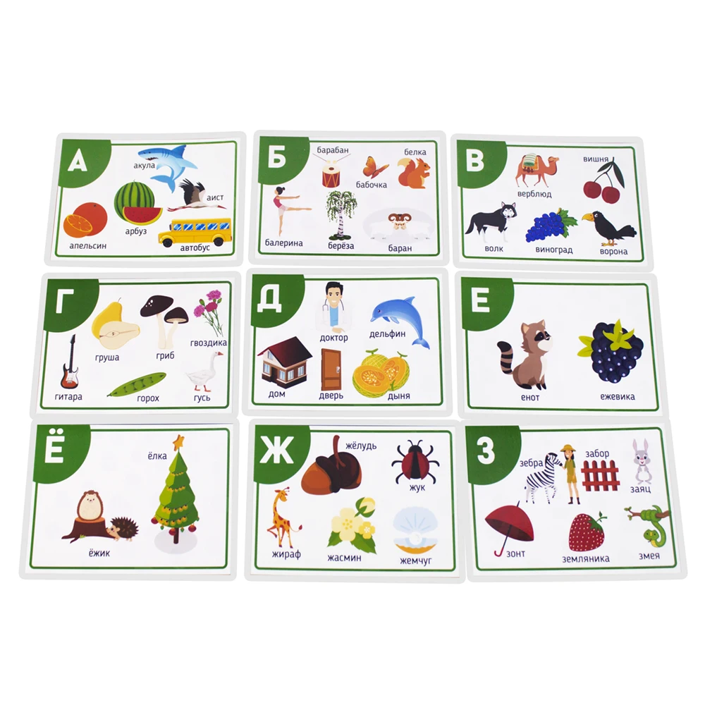 Kindergarten Enlightenment Early Learning Russian Alphabet Words Cards Cognitive Baby Development games for children Flashcard 2