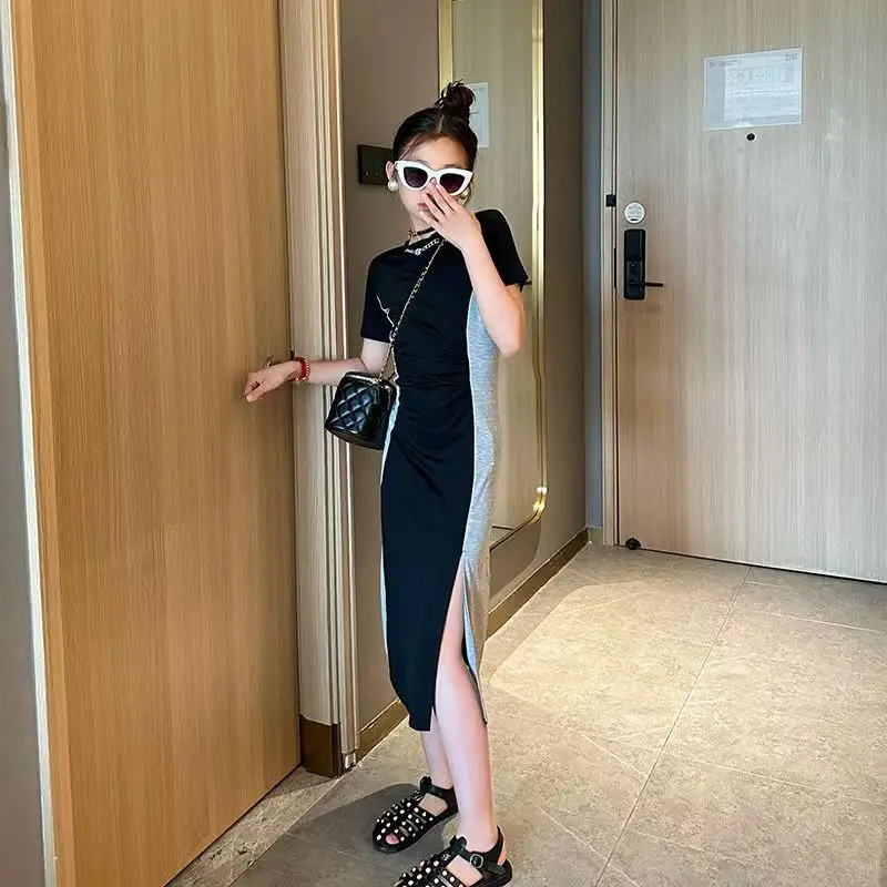

Girls' French Dress 2023 Summer New Girls' Short Sleeve Round Neck Split Long T Dress Children's Casual Fashion Slim Fit Dress
